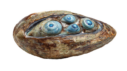 Close up of shell with three blue eyes detailed view of shell featuring three distinct blue eyes