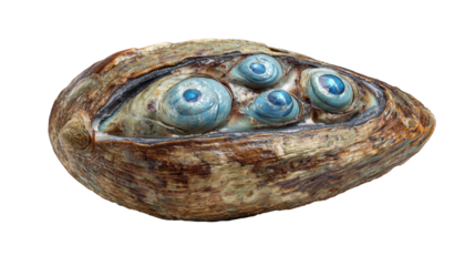 Close up of shell with three blue eyes detailed view of shell featuring three distinct blue eyes