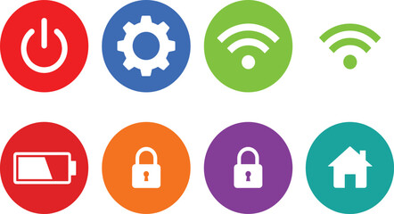 System UI icon set, colorful circular buttons with tech symbols, vector design for app, interface, and device templates
