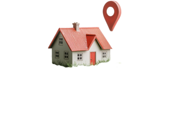 Miniature house placed on green hill with red location pin indicating precise location for navigation or mapping purposes