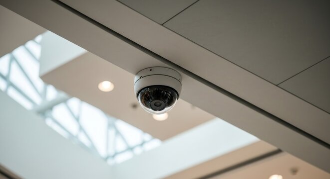 Dome security camera mounted on ceiling; skylight backdrop, shallow depth