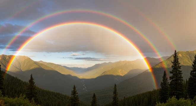 Double rainbow arches over a mountain valley, evergreen trees foreground, cloudy sky