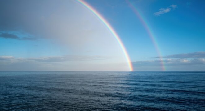 Double rainbow arches over a calm ocean with scattered clouds in a blue sky