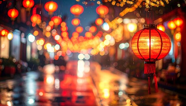 Red lantern glowing on a rainy street at night - Powered by Adobe