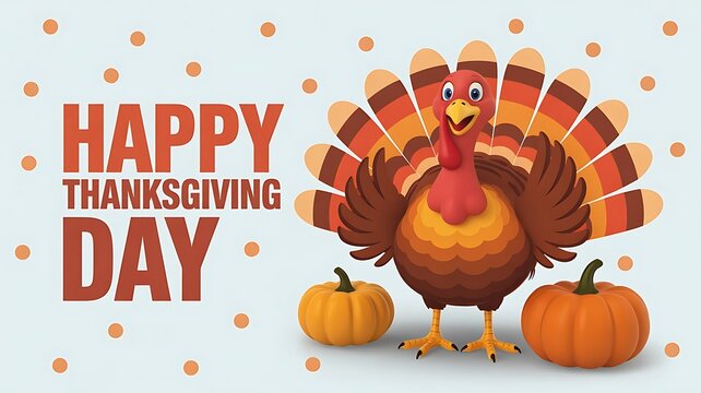 Thanksgiving banner background with Happy Thanksgiving Day lettering and a cute Thanksgiving turkey in 3d cartoon modern style. Autumn leaves in the background, created with generative ai