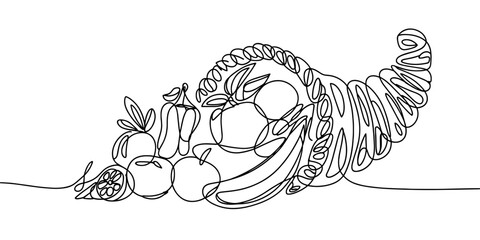 a cornucopia filled with fruits and vegetables, symbolizing harvest, abundance, and Thanksgiving celebration.