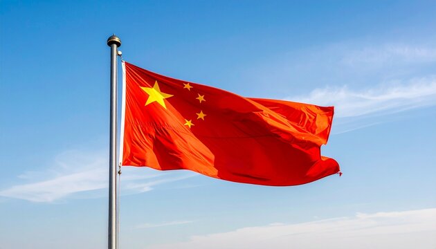 Chinese flag waving against a clear blue sky