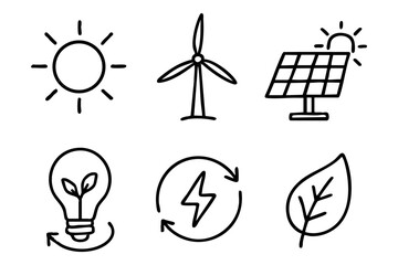 Renewable energy doodle icon set - Sustainable and eco-friendlypower solutions. Vector stock
