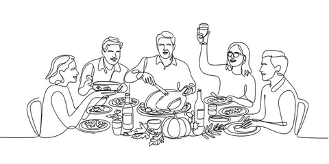 Continuous line art of friends enjoying a festive meal together, representing celebration, thanksgiving, friendship, food, and togetherness at the dinner table.