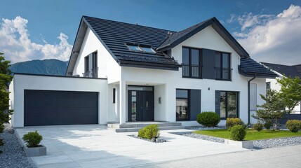 Stylish new detached house with white walls and modern design in a scenic neighborhood during a sunny day