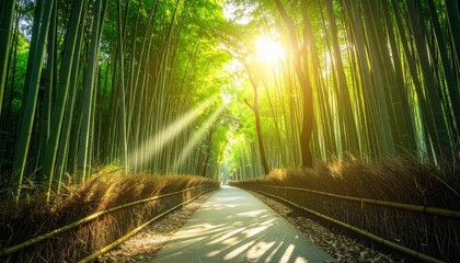 Sunlight filtering through a bamboo forest pathway