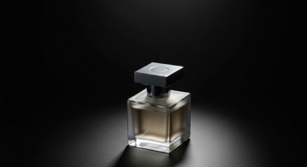 Elegant glass perfume bottle with silver cap on dark backdrop