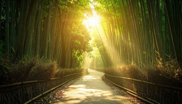Sunlight filtering through a bamboo forest pathway