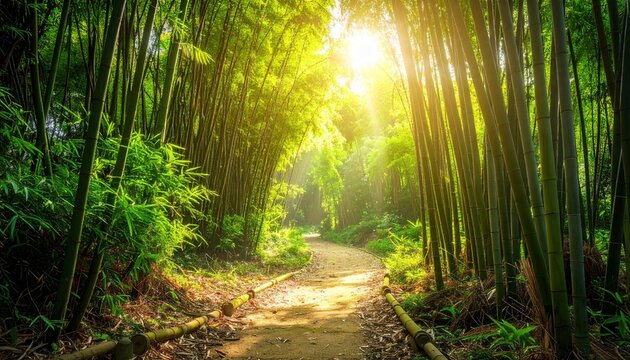 Sunlight filtering through a bamboo forest pathway