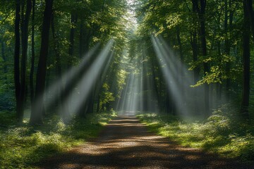 Fototapeta premium Peaceful forest scene with sunlight rays filtering through the dense canopy of trees.