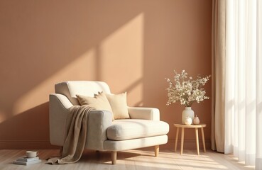 Warm interior scene featuring plush beige armchair in minimalist living room. Soft lighting highlights textures, muted colours creating relaxing atmosphere. Small table holds vase with flowers adding