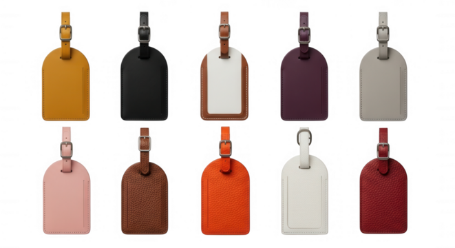 Colorful leather luggage tags with straps isolated on a transparent background