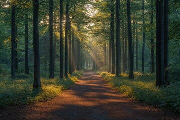 Obraz premium Tranquil morning in the woods with ethereal light piercing through the thick foliage.