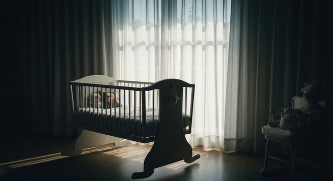 Empty baby crib stands near window with sheer curtains in dark room