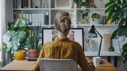 Woman working from home at her desk with a computer and plants in a bright room