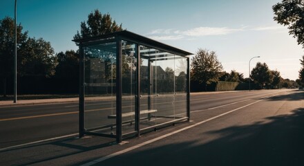 Empty bus stop on an asphalt road, trees & blue sky in background