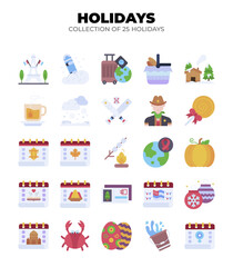 Collection of 25 Holidays. A vibrant set of holiday themed icons