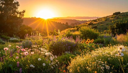 Fototapeta premium flowers and plants in the garden at sunset
