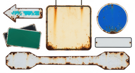 Rusted metal signs collection isolated on a transparent background