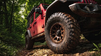 Off-road adventure with a red vehicle navigating through a lush forest trail on a sunny day in early summer
