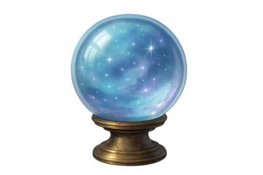 Crystal ball on a bronze stand visualizing swirling nebula, bright stars, and unknown future. Transparent background