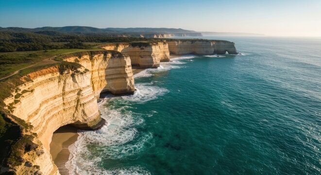 Eroded cliffs line turquoise ocean with forest atop, sunny coast view