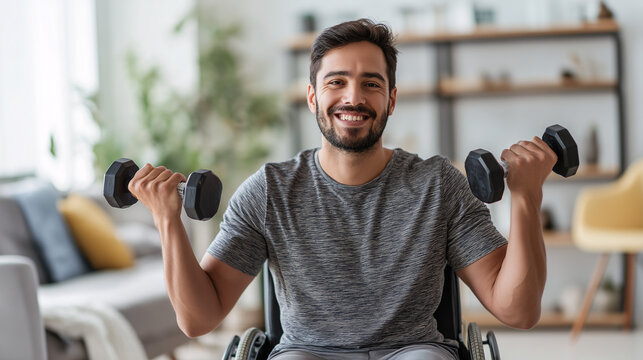 A male wheelchair user enthusiastically lifts light weights in a modern living room filled with natural light. The atmosphere is motivating and uplifting, showcasing strength and determination - Powered by Adobe