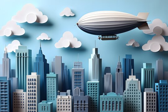 Airship over paper city against the sky with clouds in a whimsical illustration