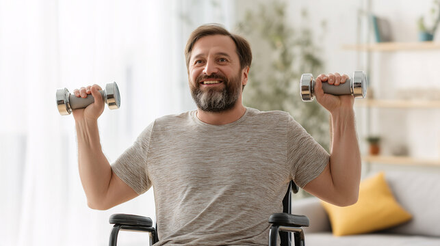 A male wheelchair user lifts light weights in a well-lit living room, showcasing determination and strength. The bright atmosphere adds to the motivational vibe of home workouts - Powered by Adobe