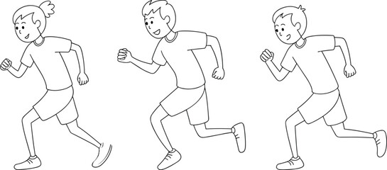 Cartoon running characters, kids in motion vector illustration, athletic activity artwork, exercise and sports concept, playful childhood energy graphic design