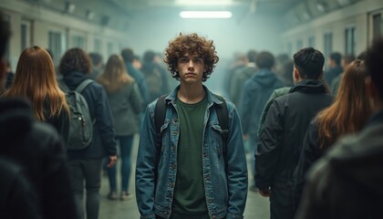 Teenage boy with curly hair stands alone in a crowded school hallway. Other students walk past him blurred in the background. He looks sad and isolated among the busy crowd of peers.