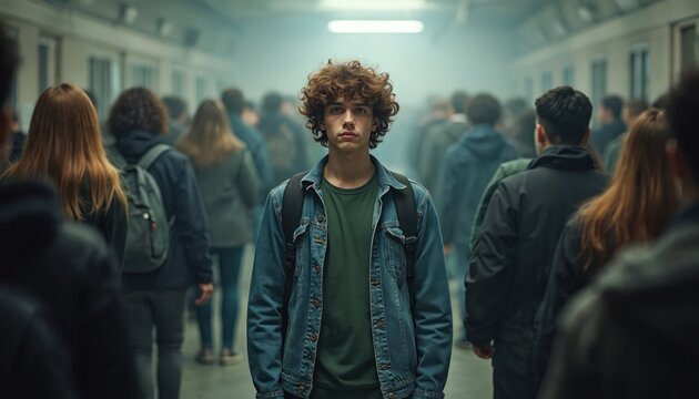 Teenage boy with curly hair stands alone in a crowded school hallway. Other students walk past him blurred in the background. He looks sad and isolated among the busy crowd of peers.
