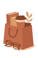 Vector illustration of cozy bag filled with coffee, books and glasses, warm lifestyle design
