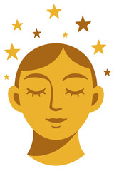 Vector illustration of person with closed eyes and stars circling around head, dreamy imagination concept
