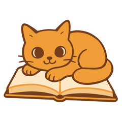Cute ginger cat lying on open book, cozy reading illustration