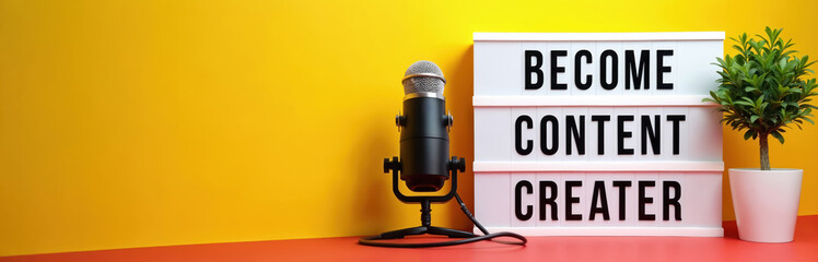 Professional microphone and light box with text Become Content Creator. Small green plant on shelf. Online education and digital media concept.