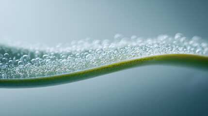 Aloe vera gel is shown in exquisite detail, featuring a smooth, wavy texture adorned with tiny bubbles. The calming blue backdrop enhances the fresh and rejuvenating mood, ideal for wellness themes