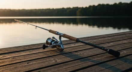 Fishing rod resting on wooden dock with water and trees blurred background