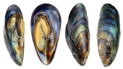 Group of mussels clustered together underwater several marine bivalves cling to rocks on ocean floor