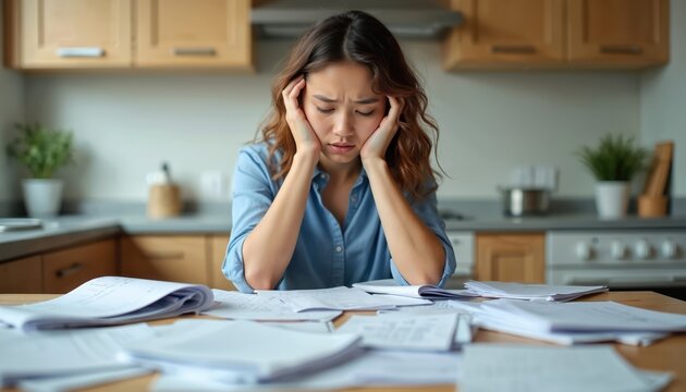 Young woman at kitchen table overwhelmed by piles of bills. Frustrated female looks stressed managing finances at home. Paperwork clutter reflects money worries and debt.