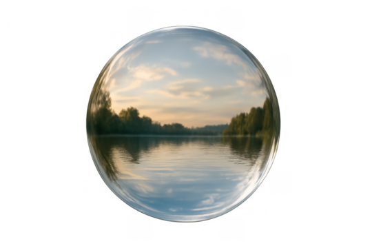 Glass sphere reflecting clear lake with forest and sky at sunset, isolated on transparent background - Powered by Adobe
