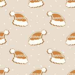 Seamless vector pattern with gingerbread cookies shaped like Santa hats. Ideal for Christmas wrapping paper, fabric, and festive packaging