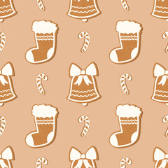Seamless vector pattern with gingerbread cookies shaped like bells, stockings, and candy canes on a beige background, suitable for Christmas wrapping paper, fabric, and festive packaging