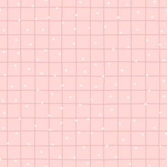 Seamless pink background with white dots and delicate hand-drawn grid, soft pastel vector pattern for textile, wrapping paper, baby and feminine designs