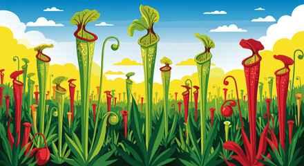 Carnivorous Plant Field A Vibrant Illustration of Pitcher Plants in a Colorful Meadow © PDWN Creative